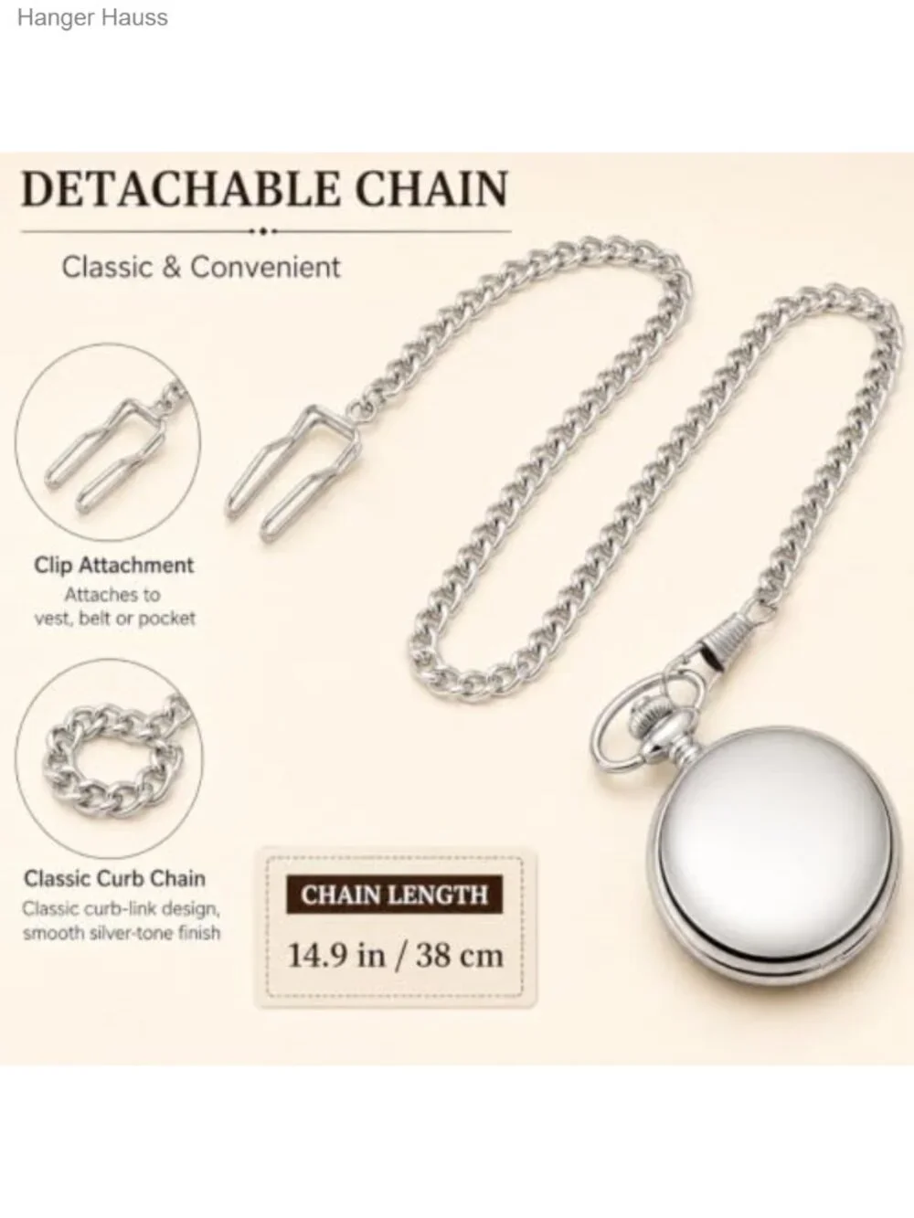 Vintage 1920s Inspired Smooth Pocket Watch with Chain - Quartz Analog for Men